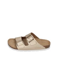 Beige leather slide sandal with two adjustable straps featuring metallic buckles. Cork footbed and white rubber outsole.
