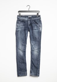 Denim jeans in dark blue with light fading, five-pocket design, belt loops, and a straight leg cut. Fabric is soft with slight texture.