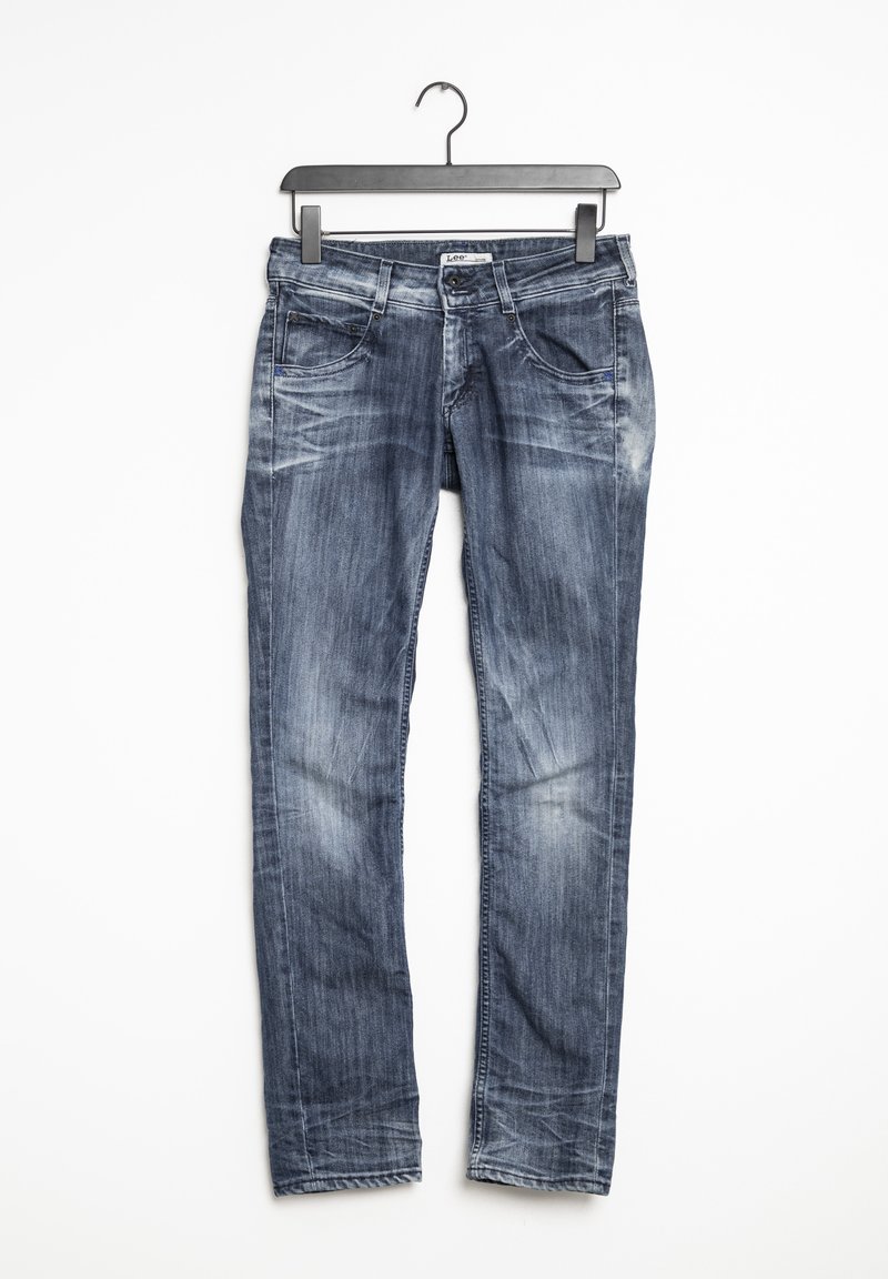 Denim jeans in dark blue with light fading, five-pocket design, belt loops, and a straight leg cut. Fabric is soft with slight texture.