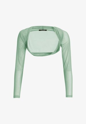 Jasnozielony, przezroczysty bolero z siateczki, z długimi rękawami i otwartym przodem, oznaczone z tyłu na dekolcie napisem "SWING".