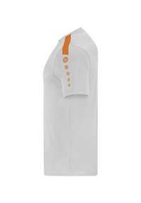 Chemise blanche à manches courtes avec une accent orange sur l'épaule et cinq points décoratifs orange le long de la manche. Texture lisse.