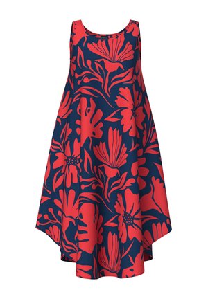Abito senza maniche blu navy con grande motivo floreale rosso, forma a trapezio e tessuto morbido. Presenta orlo arrotondato e scollo a U.