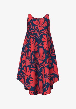 Mouwloze jurk in marineblauw met groot rood bloemmotief, A-lijn vorm en zachte textuur. Heeft een afgeronde zoom en een ronde halslijn.