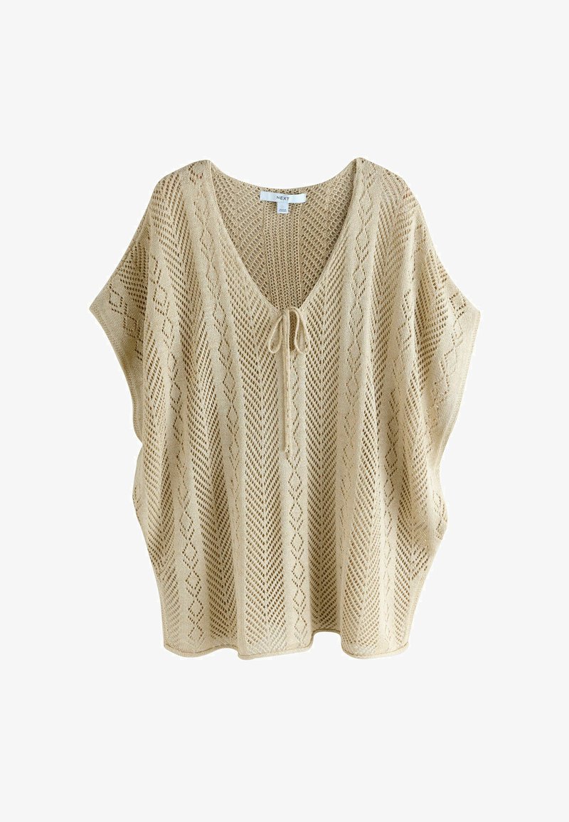 Béžový pletený tielkový top so vzormi diamantov a šípok, výstrihom do V a zapínaním na viazanie vpredu.