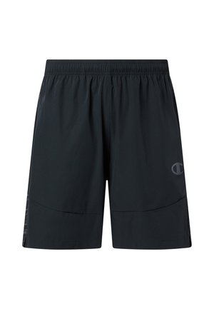 Shorts atletici neri con vita elasticizzata, tasche laterali e piccolo logo Champion riflettente sulla parte anteriore della gamba destra.