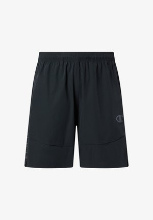 Shorts atletici neri con vita elasticizzata, tasche laterali e piccolo logo Champion riflettente sulla parte anteriore della gamba destra.