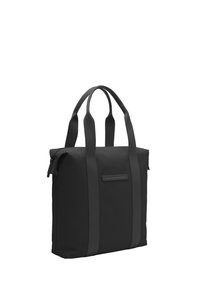 Sac à main noir en matériau durable, doté de deux poignées supérieures, d'une fermeture zippée et d'un design minimaliste sans logo visible.