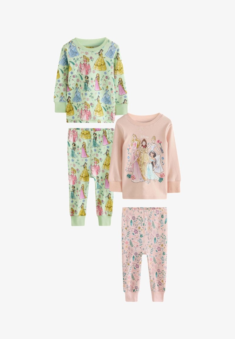 To sæt børnepyjamas, den ene mintgrøn med Disney-prinsesser over det hele, den anden lyserød med Disney-prinsessegruppeprint på toppen og blomstrede leggings.
