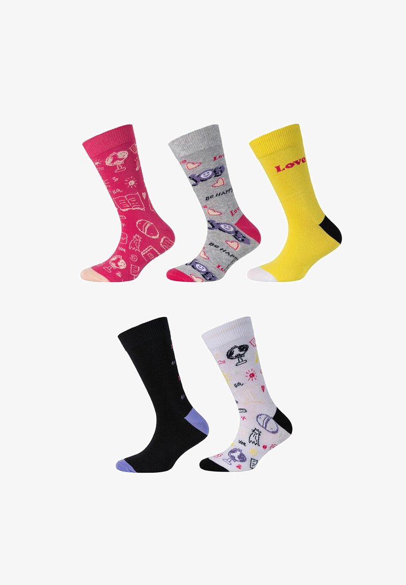Calzini colorati con design variati: rosa con illustrazioni, grigio con faccine sorridenti, giallo, nero con accenti e bianco con scarabocchi.