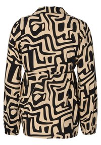Langarmblouse van beige stof met een zwart abstract patroon. Inclusief een riemdetail in de taille en een kraaghalslijn.