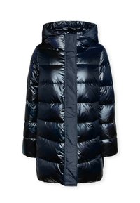 Giacca puffo blu navy con finitura lucida, cappuccio e cuciture verticali. Presenta sezioni trapuntate orizzontali per isolamento e un design di lunghezza media.