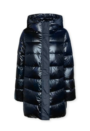 Giacca puffo blu navy con finitura lucida, cappuccio e cuciture verticali. Presenta sezioni trapuntate orizzontali per isolamento e un design di lunghezza media.
