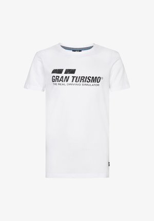 Camiseta de algodón blanca con un estampado gráfico negro que incluye el texto "GRAN TURISMO" y "EL SIMULADOR DE CONDUCCIÓN REAL". Mangas cortas, cuello redondo.