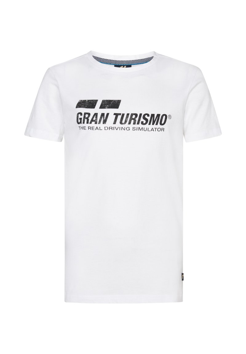 Camiseta de algodón blanca con un estampado gráfico negro que incluye el texto "GRAN TURISMO" y "EL SIMULADOR DE CONDUCCIÓN REAL". Mangas cortas, cuello redondo.