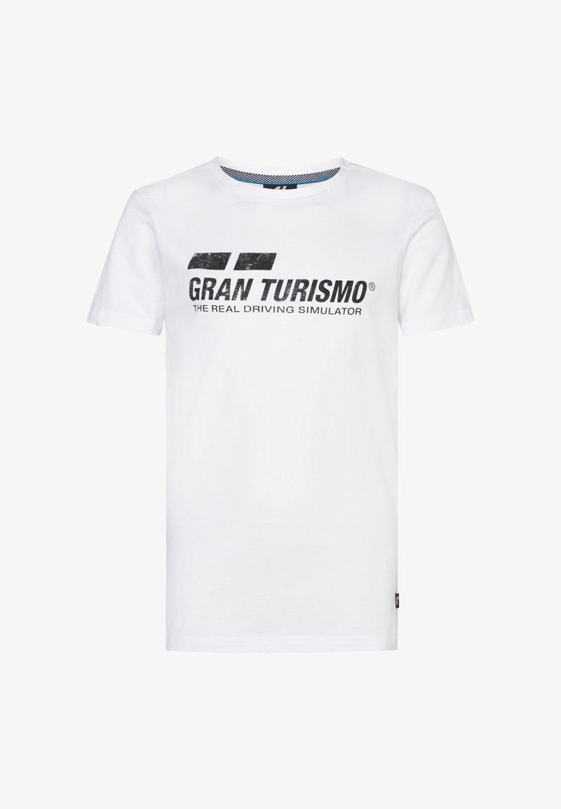 Camiseta de algodón blanca con un estampado gráfico negro que incluye el texto "GRAN TURISMO" y "EL SIMULADOR DE CONDUCCIÓN REAL". Mangas cortas, cuello redondo.