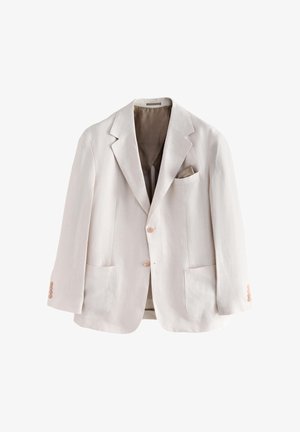 Heledast beežist linane bleiser sälkudega kraega, kahe ees tasku ja kolme nööbiga varrukaotstel. Vooderdatud sobiva kangaga.