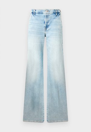 Jeans svasati azzurri in denim. Presentano un lavaggio sbiadito, tasche standard e una chiusura con bottone in vita.