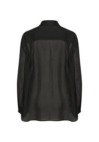 Black, long-sleeve shirt made of lightweight, sheer fabric. Features a collar and a straight-cut back with a subtle texture.