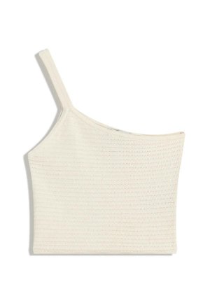 Crop top bianco a spalla unica realizzato in tessuto a maglia testurizzato. Presenta un'unica tracolla e un orlo dritto, con sottili dettagli a coste.