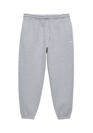 Pantalon de survêtement gris clair avec taille élastique et cordon, jambes fuselées avec poignets élastiques, et petit logo blanc sur la hanche droite.