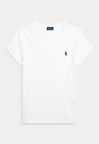 Λευκό T-shirt με κοντά μανίκια και V-λαιμόκοψη, με μικρό σκούρο μπλε λογότυπο Polo Ralph Lauren στο αριστερό στήθος.