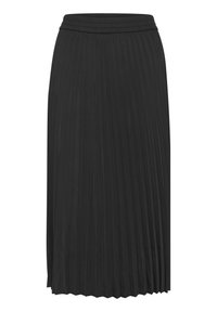 Czarna plisowana spódnica midi z elastycznym pasem, wykonana z lekkiego materiału, z pionowymi fałdami i gładką teksturą.