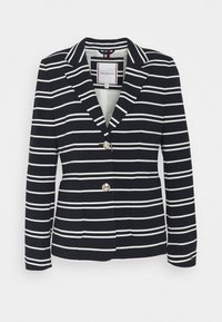 Granatowa marynarka w białe paski, z klapami w kształcie litery V, dwoma złotymi guzikami i kieszeniami z przodu. Teksturowany materiał z dopasowanym krojem.