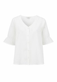 Weißes Blusenoberteil mit V-Ausschnitt, kurzen Rüschensäumen, strukturiertem Stoff und dezentem Karomuster. Einfaches und minimalistisches Design.