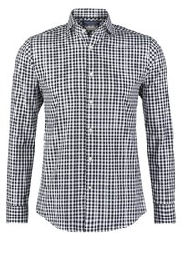 Camicia da uomo a maniche lunghe in motivo a quadretti vichy blu navy e bianco, con colletto abbottonato e patta frontale. Tessuto in cotone.