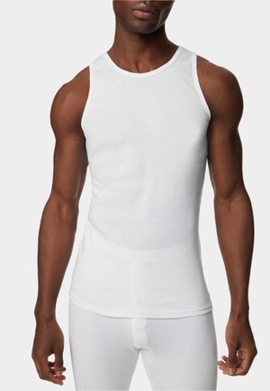 White cotton sleeveless tank top with a round neck. Smooth texture, fitted design, and subtle stitching detail along the edges.
