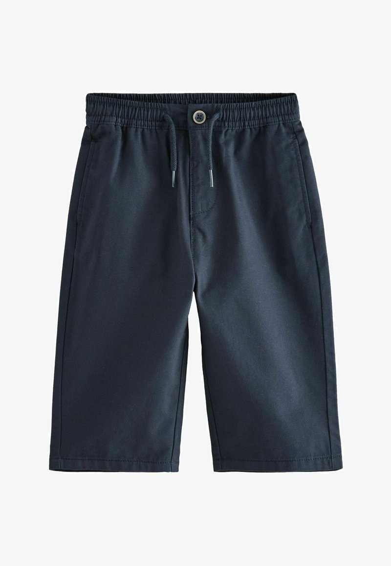 Tumesinine lühikesed püksid, mis on valmistatud kerge kangaga, kummitamisega vöökoht, nööridega sulgemine ja taskud igal pool.