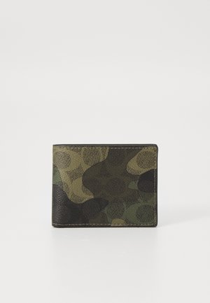 Camouflage wallet made of textured fabric; features various shades of green and dark accents; rectangular shape with stitched edges.