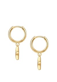 Orecchini a cerchio in oro con una finitura liscia e lucida. Ognuno presenta un accento pendente di forma rettangolare, che aggiunge dimensione al design.