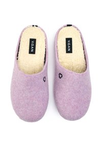 Purple felt slippers with a soft, light-colored lining, rounded shape, and subtle black logo detail on each upper.