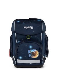 Sac à dos ergonomique marine avec un motif spatial, comportant des motifs d'étoiles, une poche avant et un autocollant d'astronaute. Tirette de fermeture éclair circulaire verte.