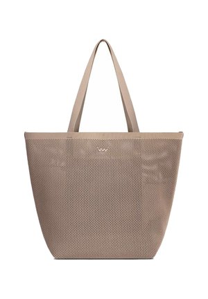 Beige perforated tote bag with two long handles and a small, subtle logo in the center near the top edge.