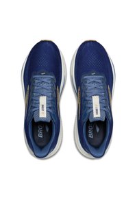 Un par de zapatillas para correr Brooks Ghost 17 en azul vistas desde arriba, con suelas blancas y acentos en marrón claro en el logo.