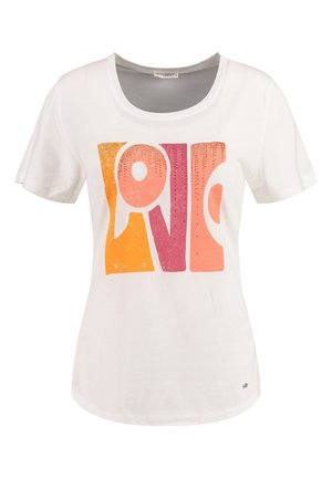 Biały t-shirt z krótkim rękawem z kolorowym, retro-stylizowanym napisem "LOVE" w kolorach pomarańczowym, różowym i czerwonym, ozdobiony na przodzie małymi brokatowymi akcentami.