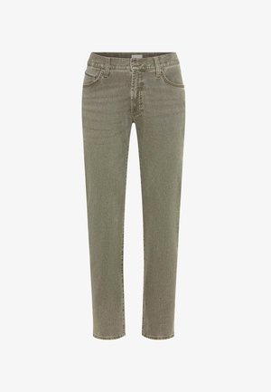 Smaltsiddende olivengrønne jeans med forreste knap og lynlås, design med fem lommer og bæltestropper.