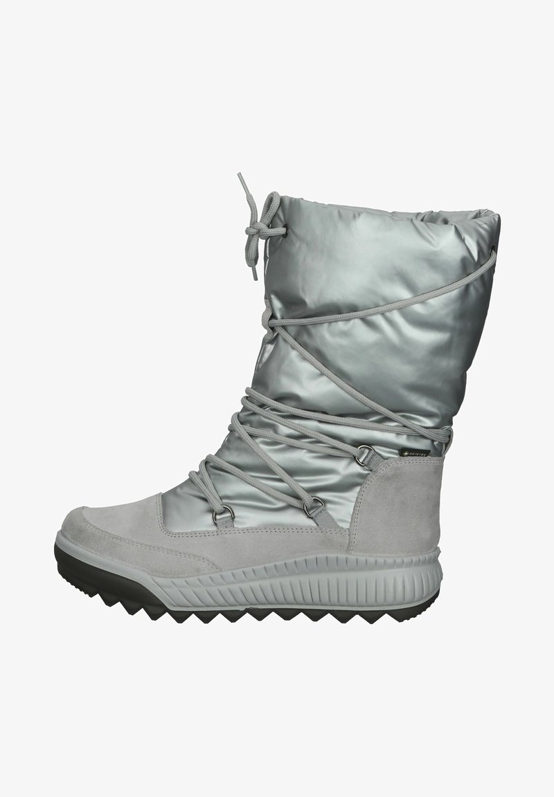 Grå vandtæt støvle med en skinnende overdel i syntetisk materiale og suede detaljer, snørebånd, og en robust sål med mønster.