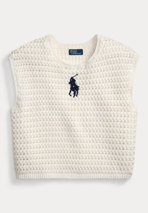Gilet sans manches tricoté de couleur crème avec un tissage ouvert et le logo Polo Ralph Lauren bleu marine centré sur la poitrine.