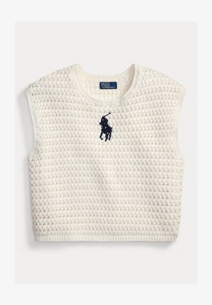 Gilet sans manches tricoté de couleur crème avec un tissage ouvert et le logo Polo Ralph Lauren bleu marine centré sur la poitrine.