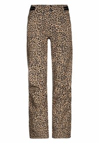 Pantalon beige avec imprimé léopard noir, coupe droite et fermeture à bouton sur le devant.
