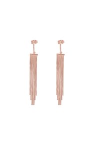 Orecchini in rosé con un design a frange di catena lunga e sottile. Il gancio presenta uno stile a clip per una facile indossabilità. Finitura testurizzata, forma minimalista.
