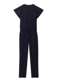 Tuta blu navy realizzata in tessuto morbido, con design avvolgente, maniche a volo e una cintura in vita per una vestibilità regolabile. Silhouette a gamba dritta.