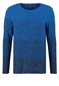 Pull en maille bleu texturé à manches longues avec encolure ronde, présenté de face sur un fond blanc.