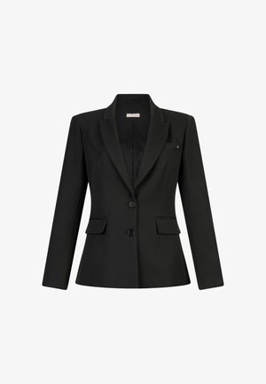 Mustmustööd, millel on lõhik, kaks esist pocketit ja kaks nööpi. Elegantne lõige, siledapind ja slim fit disain.