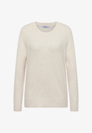 Hellbeige Rundhalspullover, weiche Textur, gerippte Bündchen und Saum, mit subtilen Musterdetails an den Ärmeln. Markenetikett innen sichtbar.