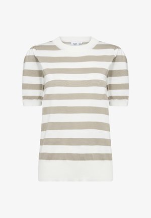 Haut en tricot à manches courtes rayé avec un col rond. Il présente des rayures beige et blanches alternées, une texture douce et des manches légèrement bouffantes.