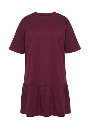 Kurzärmeliges, locker sitzendes, burgunderfarbenes Kleid mit rundem Ausschnitt und gerafftem Rüschensaum.